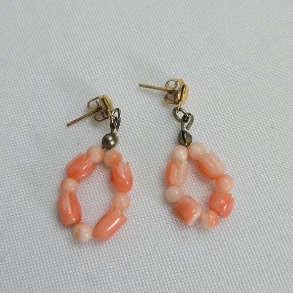 Coastal Gold Toned Carved Angel Skin Pink Coral Beaded Dangle Post Earrings - Picture 1 of 5